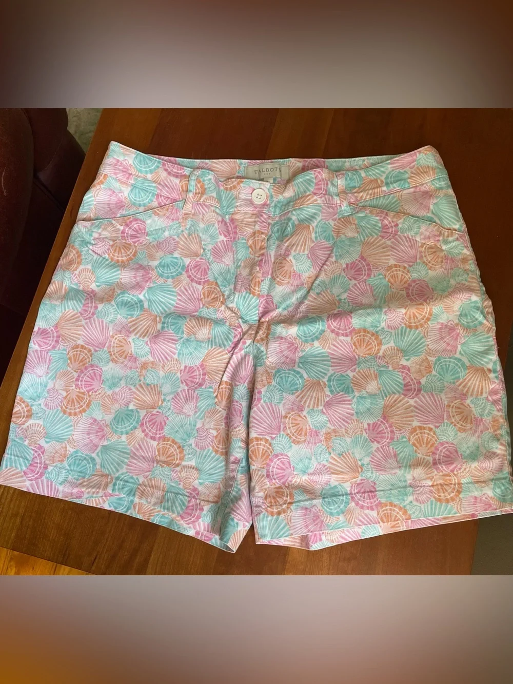 Talbots Chino Shorts Pastel Seashell Print Coastal 97% Cotton Size 14